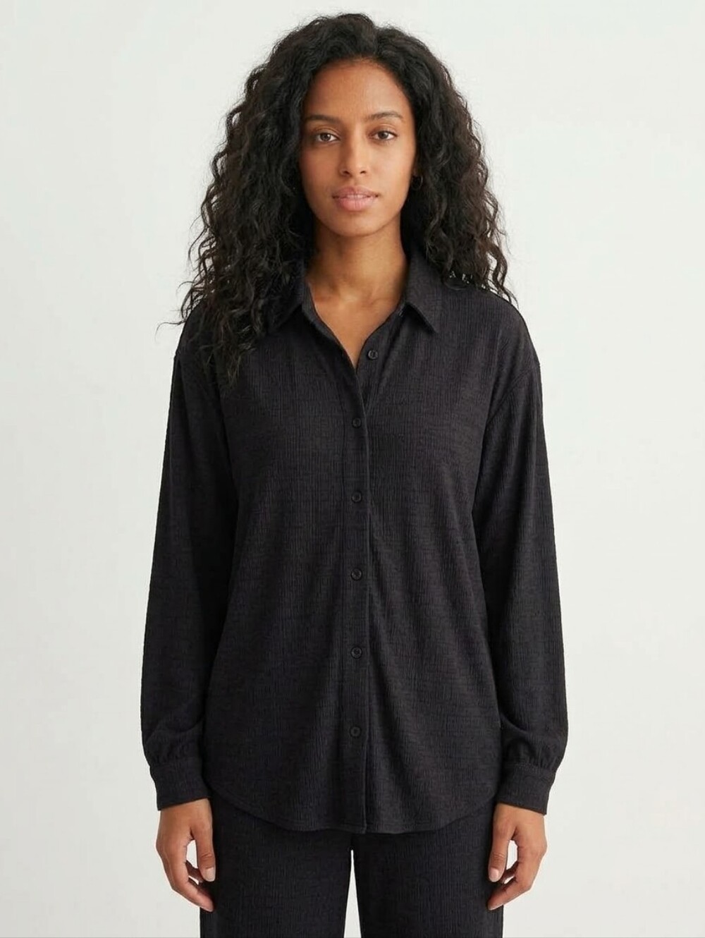 No Comment Textured Button Front Blouse